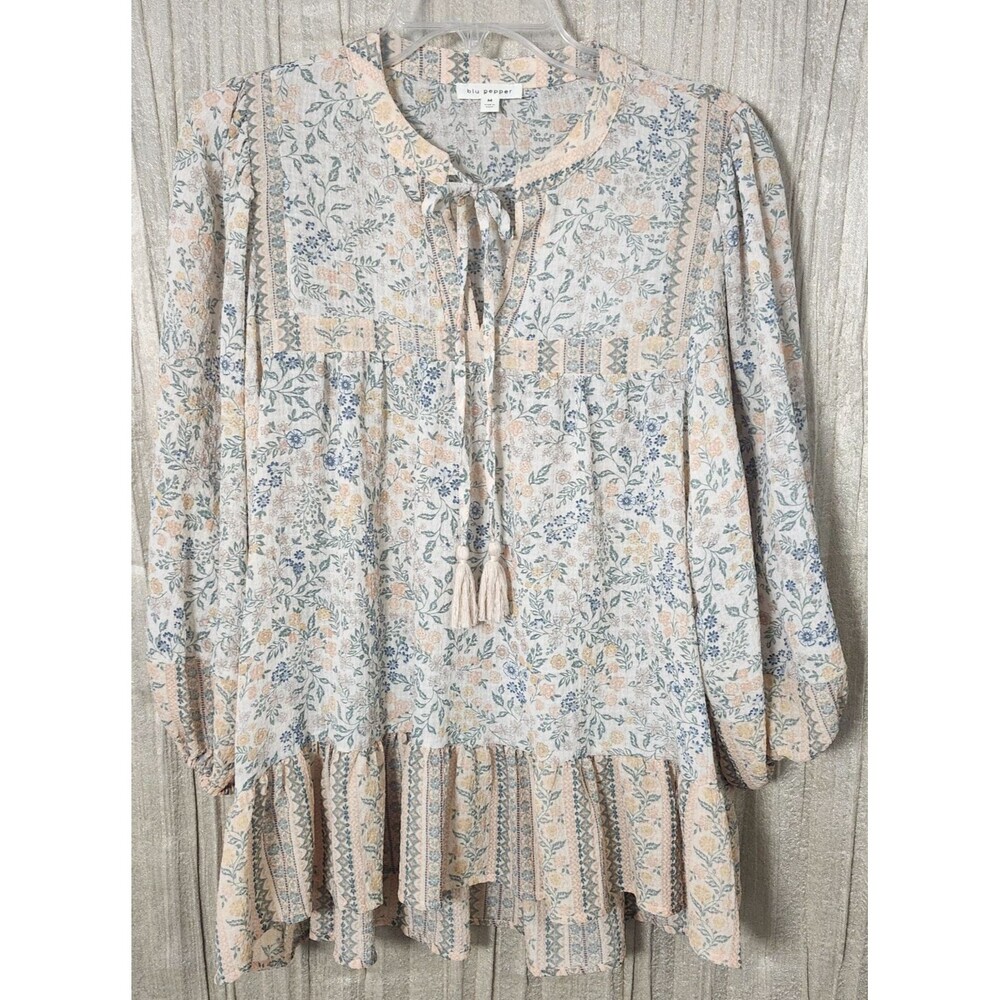 Blu Pepper Boho Peasant Cottagecore Peach Green Sheer Chiffon Ruffle Blouse - M